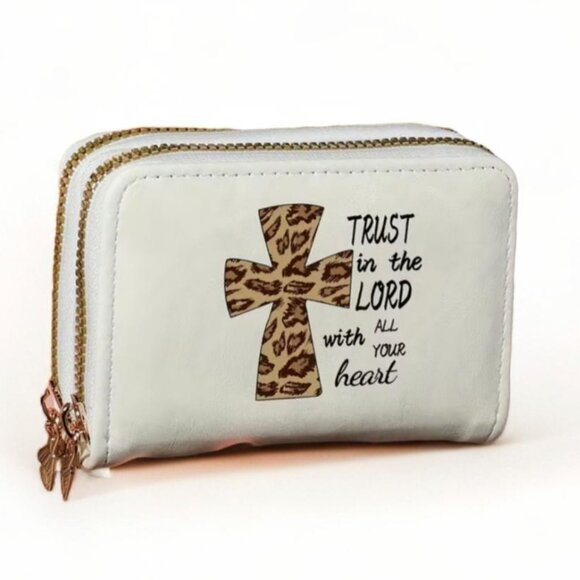 Handbags - NEW - LEOPARD CROSS - FAUX LEATHER -TRUST IN THE LORD - ZIPPERED WALLET - WHITE